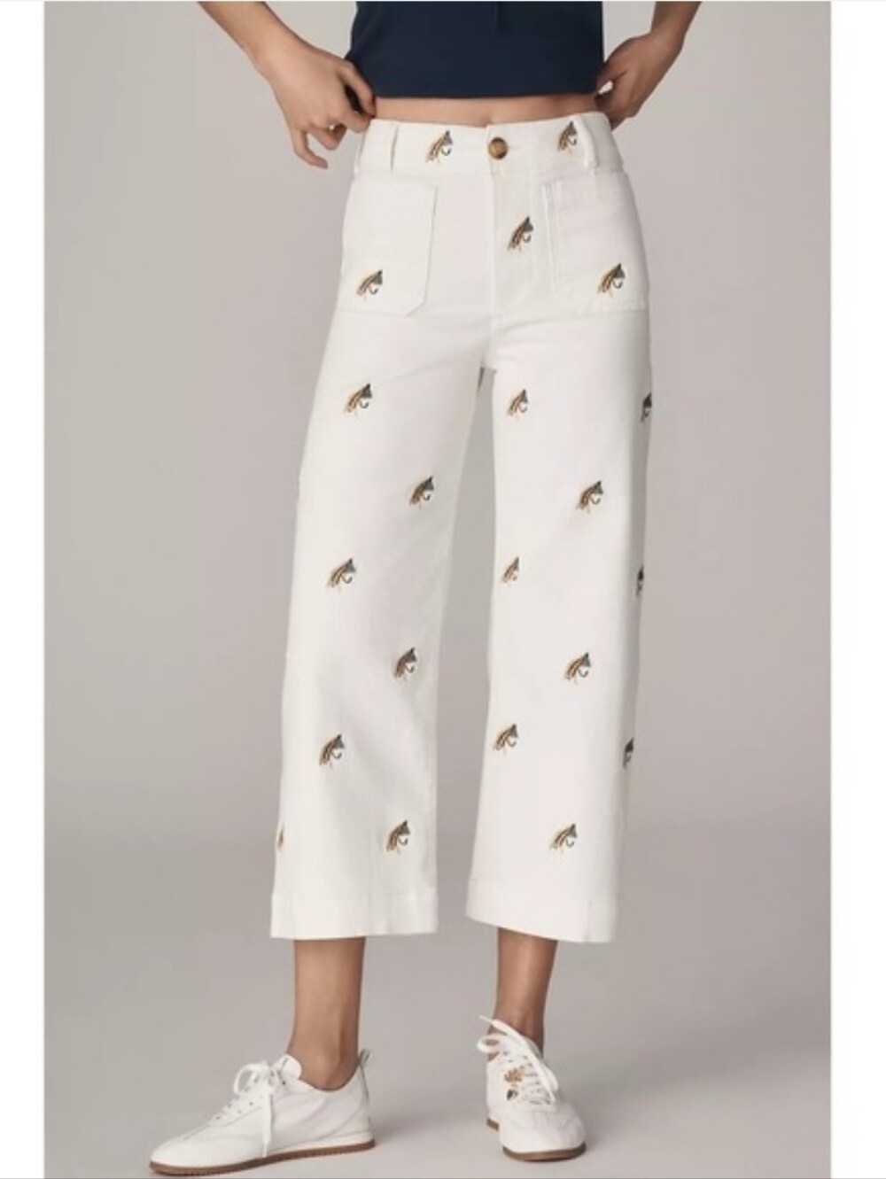 Maeve The Colette Cropped Wide Leg Pants Embroidered Fishing Size 29